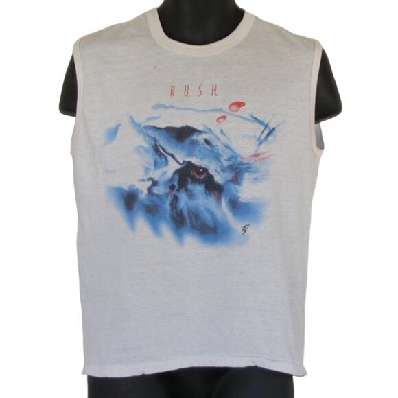 RUSH Concert Tshirt M White Tour 1984 Sleeveless Grace Under Pressure VTG!